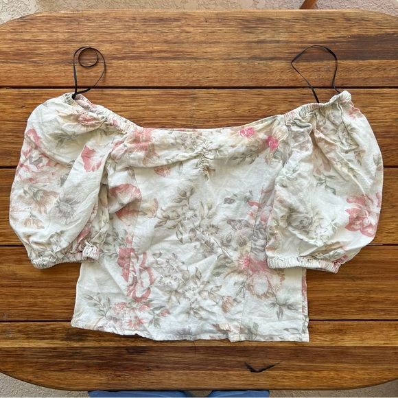 H&M Sweetheart Neckline Linen Blend Dainty Top Floral Puff Sleeves size 6 S/M - Picture 8 of 14